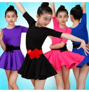 Purple violet royal blue fuchsia hot pink short sleeves girls kids child children performance competition latin salsa cha cha dance dresses